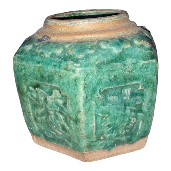 Vintage Green Hexagonal Floral Ceramic Vase - Picture 3 of 6